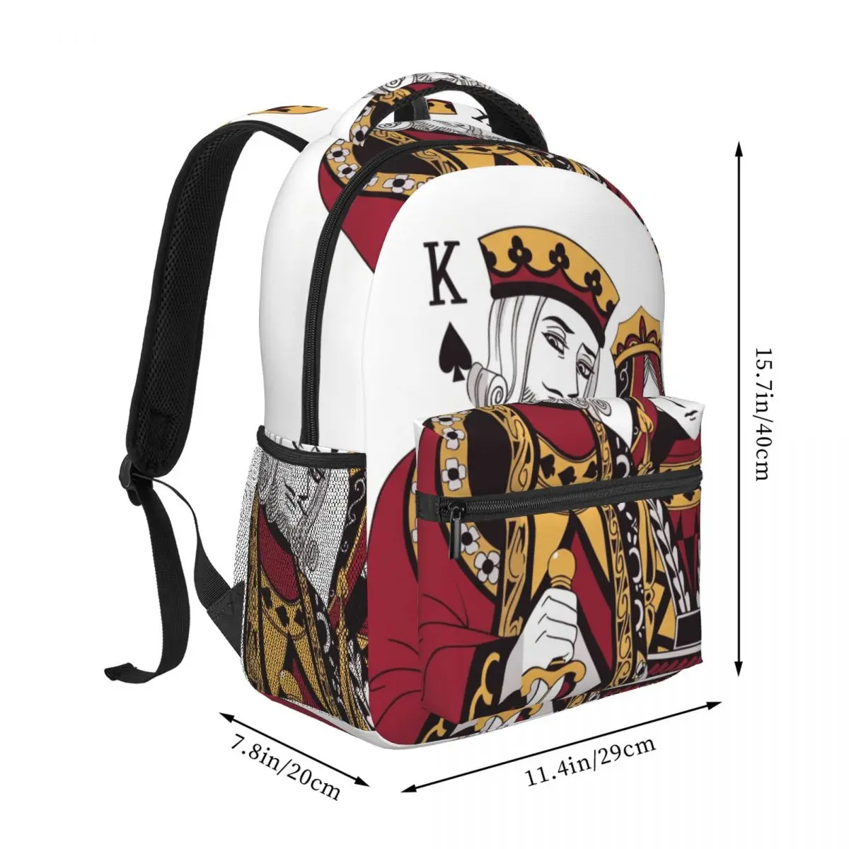 Cool Skull Student Backpack Center King Queen Modern Playing Card White Black Red Gold Edgy Daypack for School Work Weekend Punk