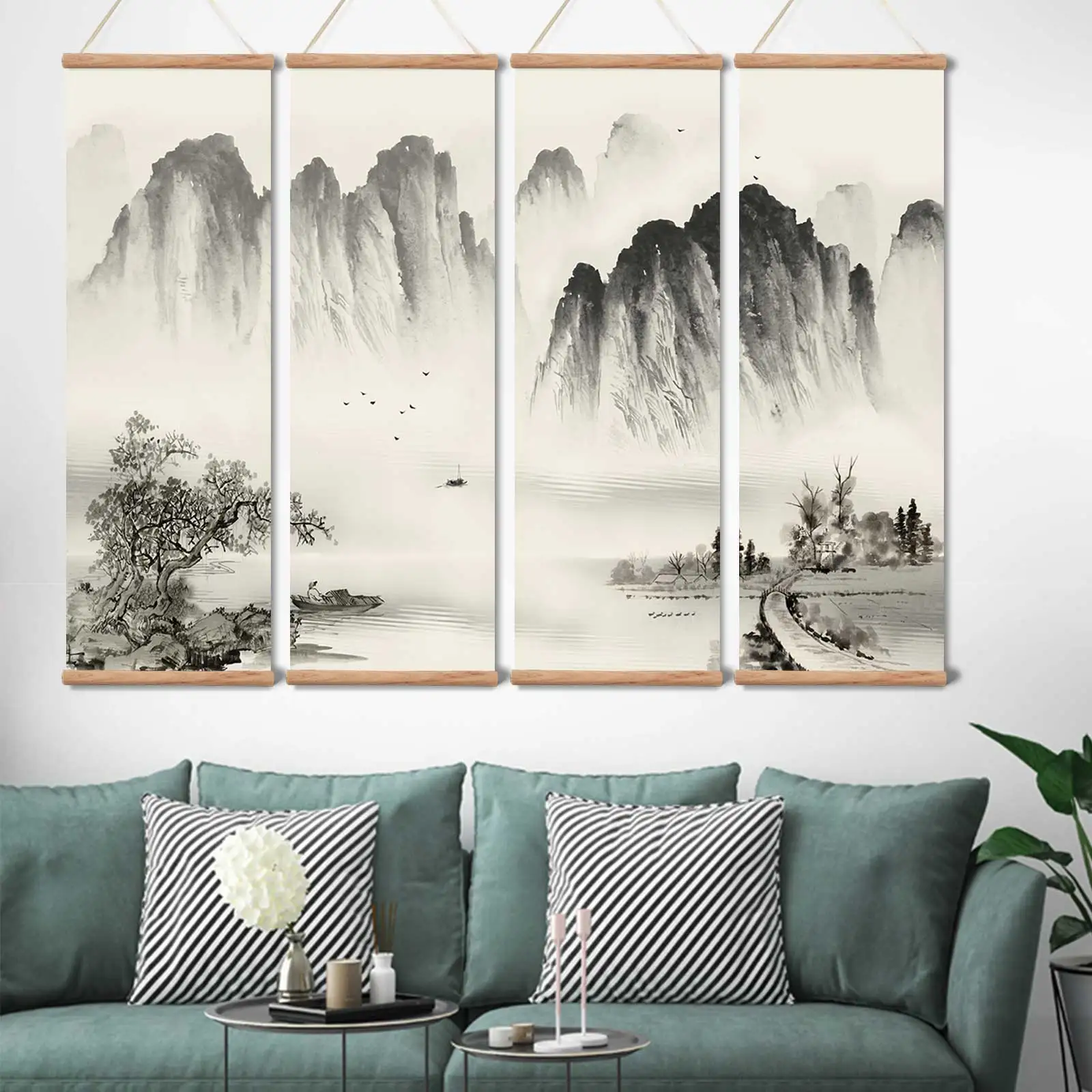 Chinese Ink Landscape Canvas Scroll Paintings Posters Prints Wall Art Pictures for Livingroom Vintage Home Decor with Frame