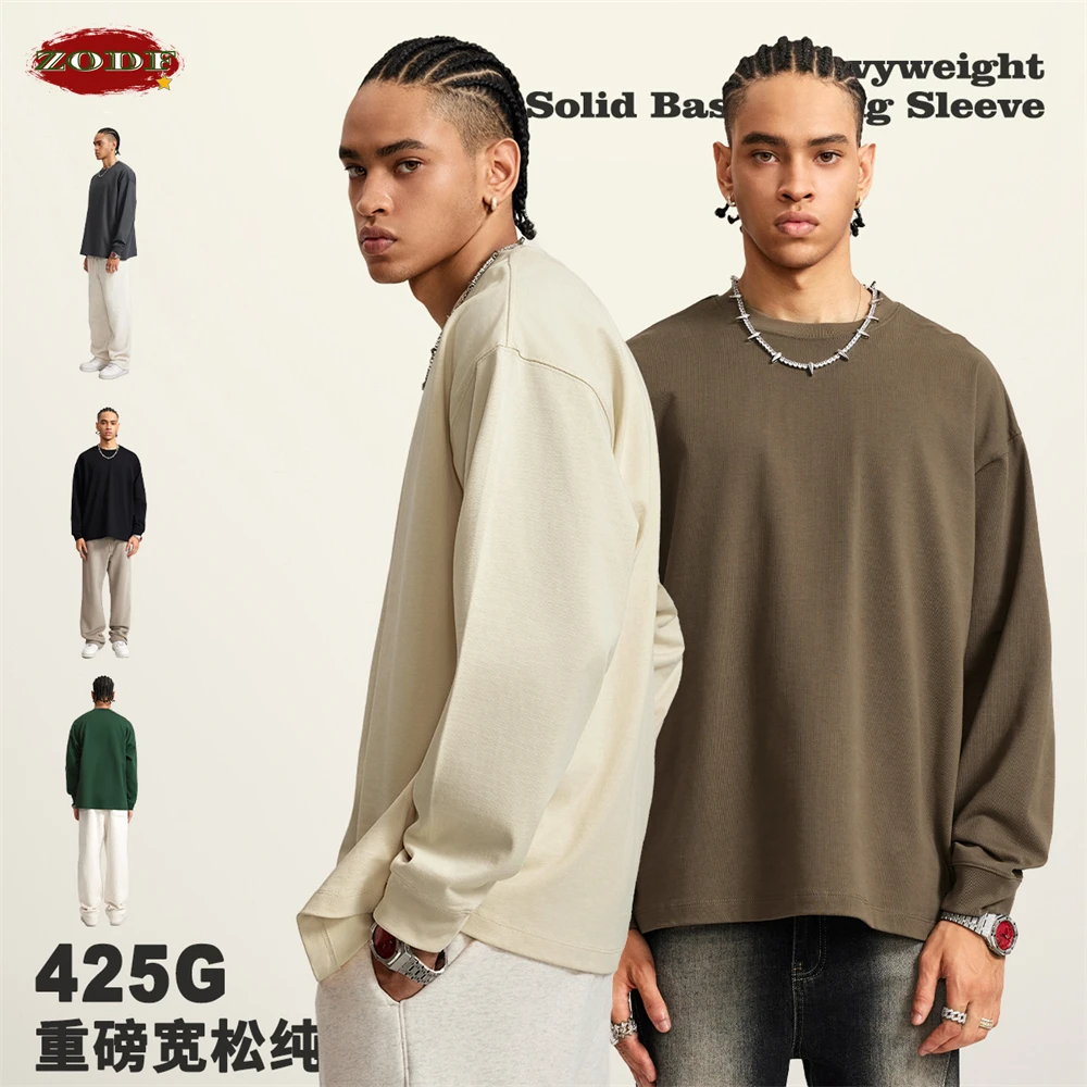 ZODF Autumn Winter 425gsm Long Sleeve T-Shirt American Retro Unisex Loose Heavyweight Basic Cotton T Shirts TEE HY0676