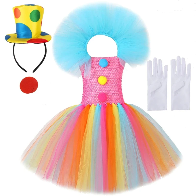 Funny Joker Cosplay Costumes for Girls Rainbow Circus Clown Carnival Halloween Tutu Dress for Kids Children Fany Clothes Outfit