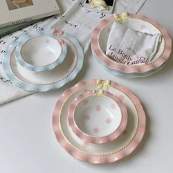 INS Style Korean Style Girl Heart Pink Ceramic Tableware Set Polka Dot Bow Cute Small Bowl Rice Bowl Deep Plates Cute Plates