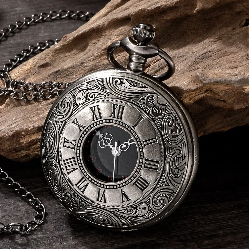 Roman Numerals Quartz Pocket Watch Men Women Hollow Case Steampunk Vintage Pendant Necklace Best Gifts for Men Women