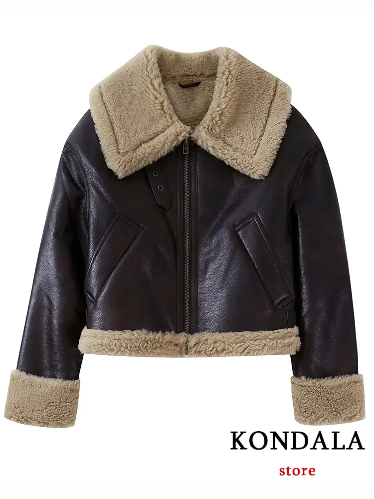 

KONDALA Vintage Casual Chic Women Leather Jacket Zipper Pockets Turn-down Collar Thick Warm Solid Short PU Jacket Autumn Winter