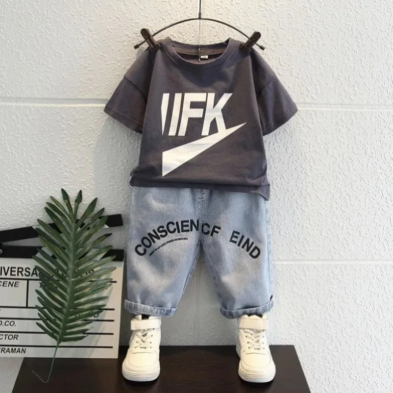 

3-12Y Baby Boys Denim Shorts Summer Thin 2025 New Kids Solid Color Letter T-shirt+Jeans 2pcs Sets Cotton Casual Children's Short