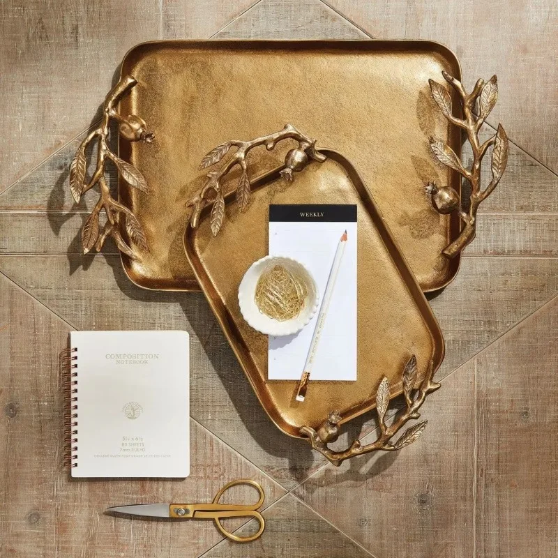 Aluminum gold tray set with decorative leaves and pomegranate handle for rectangular platters for families and parties