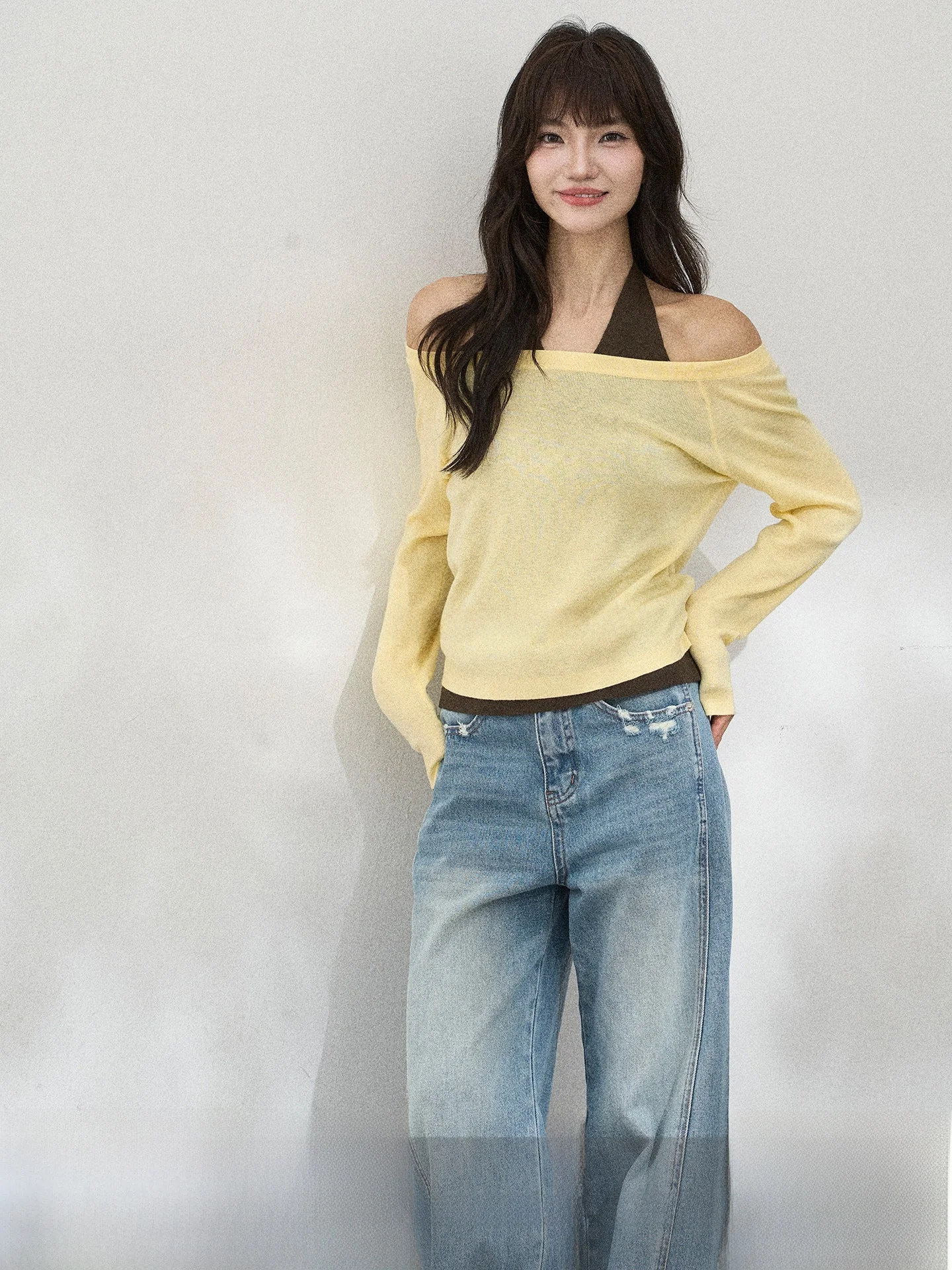 

Flower7 Loose Long Sleeve Knitted Shoulder Bared Top for Women Spring Season Color Block Neck Hanging Style Korean Style Regu...