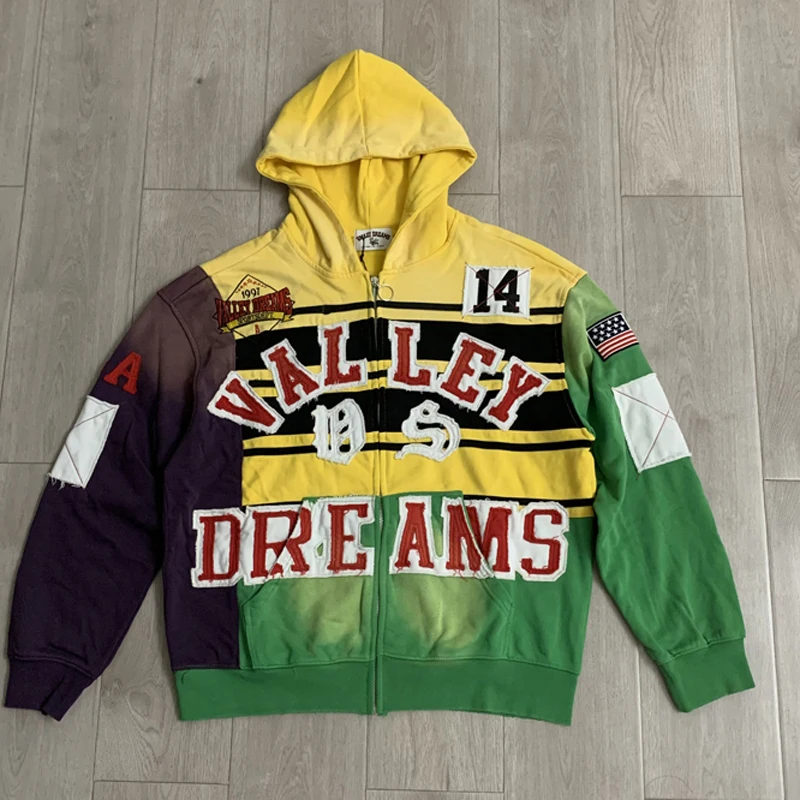 2026 Streetwear Men's VALE Hoodies Jacket High Quality Spliced Embroidered Pattern Hooded Sweatshirts Retro Hip Hop Pullovers