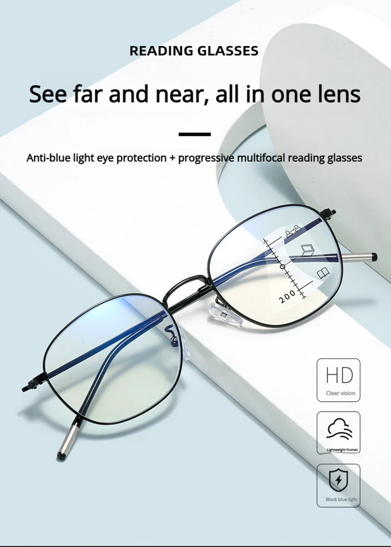 Luxus Kleine Metall Lesebrille Männer Frauen Klassische Schwarz Presbyopie Brille Männlichen Anti-blau Licht Multifokale Gläser – Detail 3