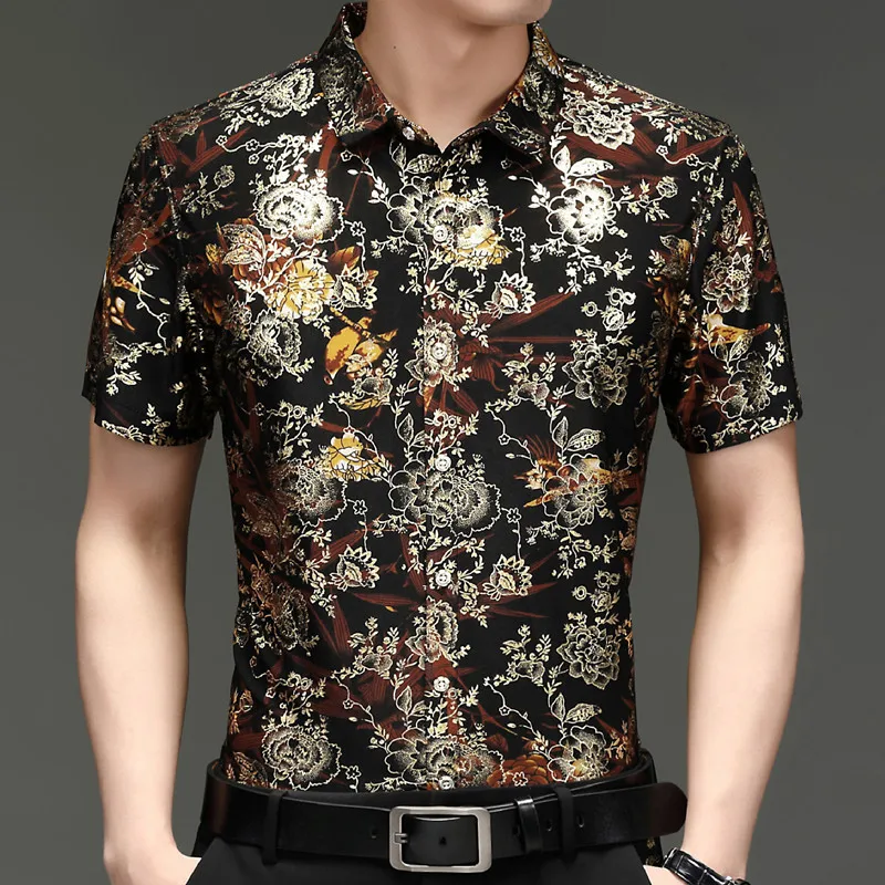 Hawaiian Style Casual 80% Silk Shirts Men'S Short Sleeve Both Sides Chinese Nation Flower 2023 Beach Summer Clothes