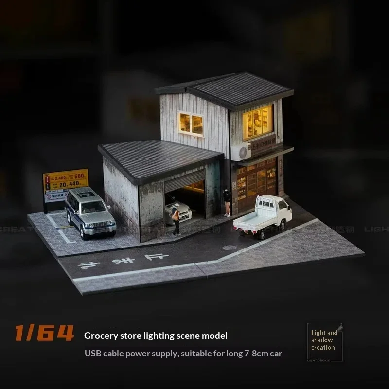Light Create 1/64 Luminous Grocery Store Diorama With Parking Lot Usb Powered For 1/64 Diecast Model Car Decoration