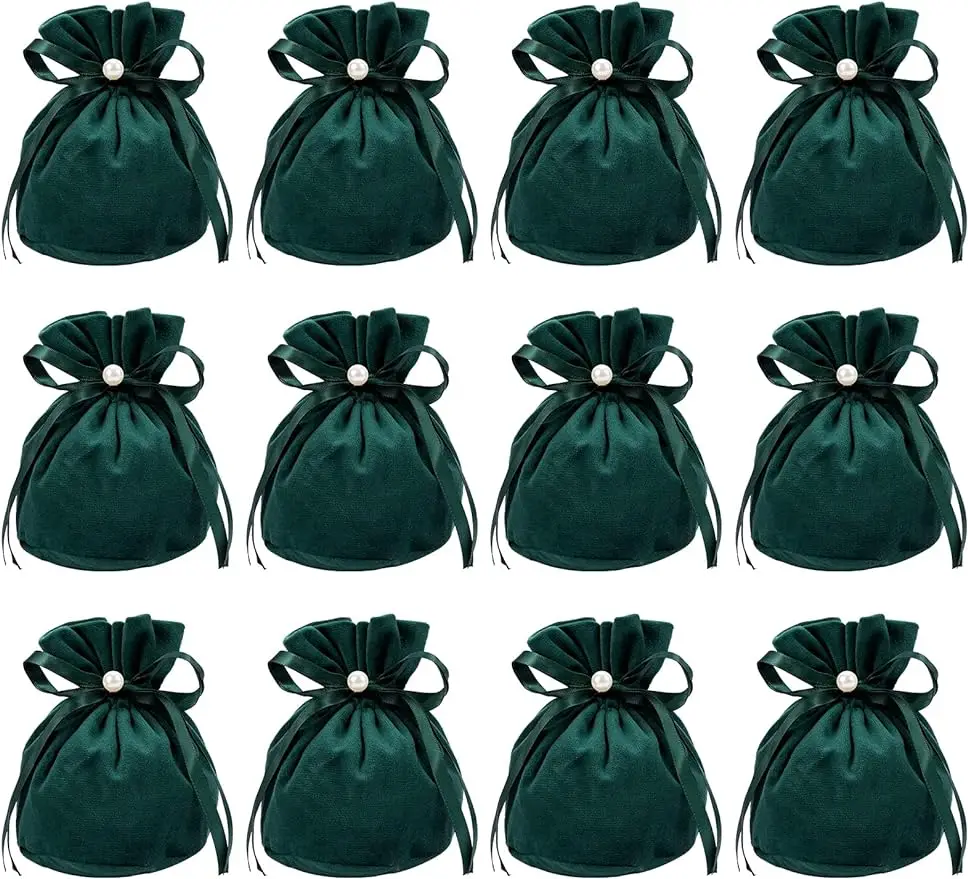 

12Pcs Velvet Bags Drawstring Pouches Jewelry Storage Bags with Plastic Imitation Pearl for Christmas Wedding Birthday Party