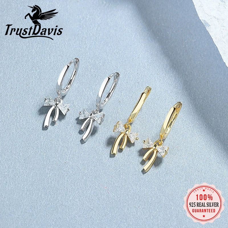 TrustDavis Real 925 Sterling Silver Fashion Sweet Zircon Refinement Bow Hoop Earrings for Women Wedding Party Jewelry DA1978