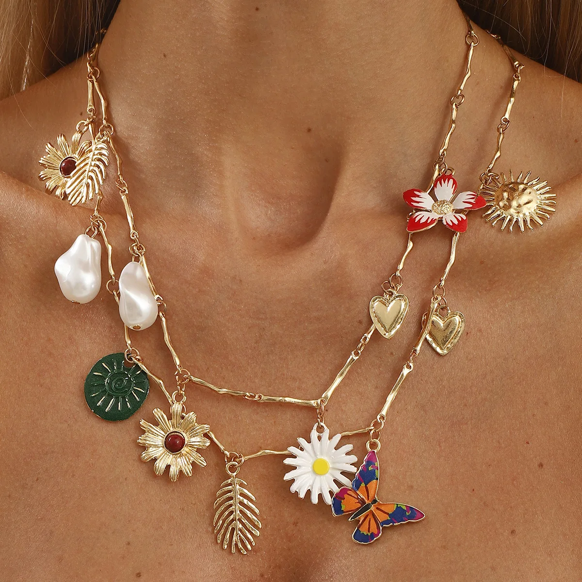 Meadow Garden Botanical Flora Colorful Butterfly Dainty Insect Charm Multilayer Golden Strand Vacation Statement Jewelry