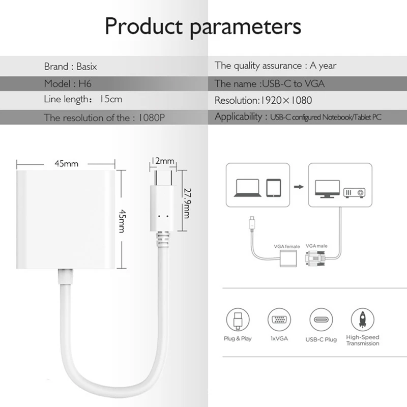 Usb C To Vga Adapter,Type C To Vga Adapter Compatible For  Pro 2016/2017/2018, Air/Ipad Pro 2018,Surface Book 2,Ch