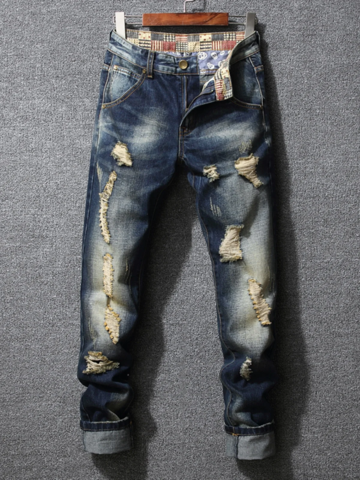 

Spring Autumn Men's Fashion Straight Leg Jeans Hole Punching Retro Style Casual Trendy Brand Denim Pants mid Waist Zipper