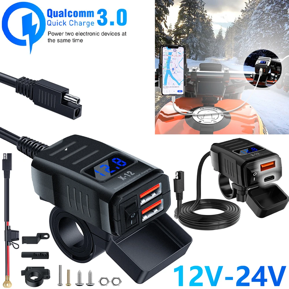 

Motorcycle Handlebar Usb Charger Pd+Qc3.0 Waterproof Fast Charger Socket Adapter Rearview Mirror Mounting Bracket Charger 12V24V