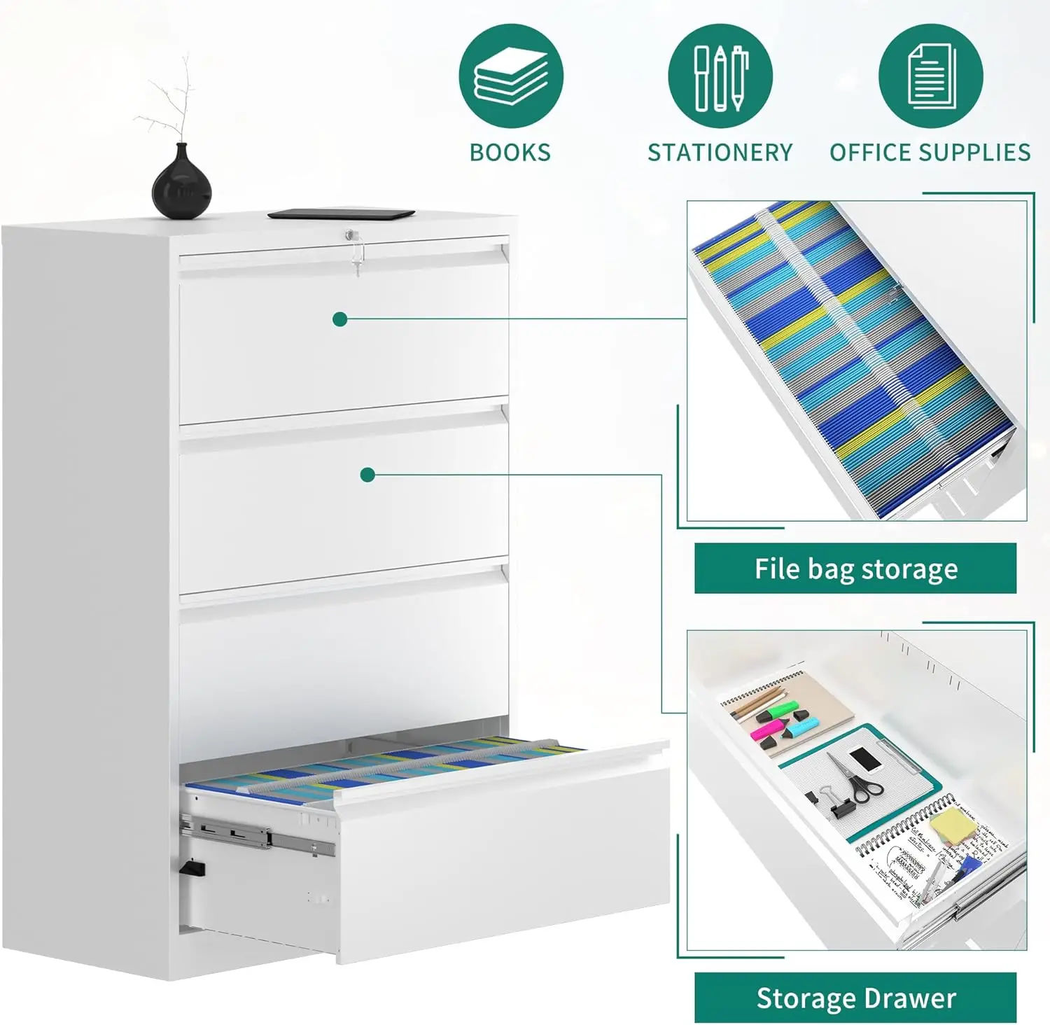 4 Drawer Metal Horizontal File Cabinet, Stainless Steel Wide Horizontal File Cabinet with Lock for Legal/Letter A4 Size