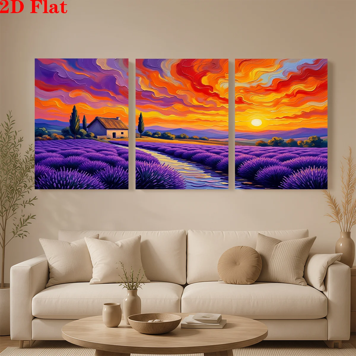Frameless 2D 3pcs Canvas Art Wall Hanging- A lavender field at sunset with a cottage. Suitable for Decorating Offices, Dining