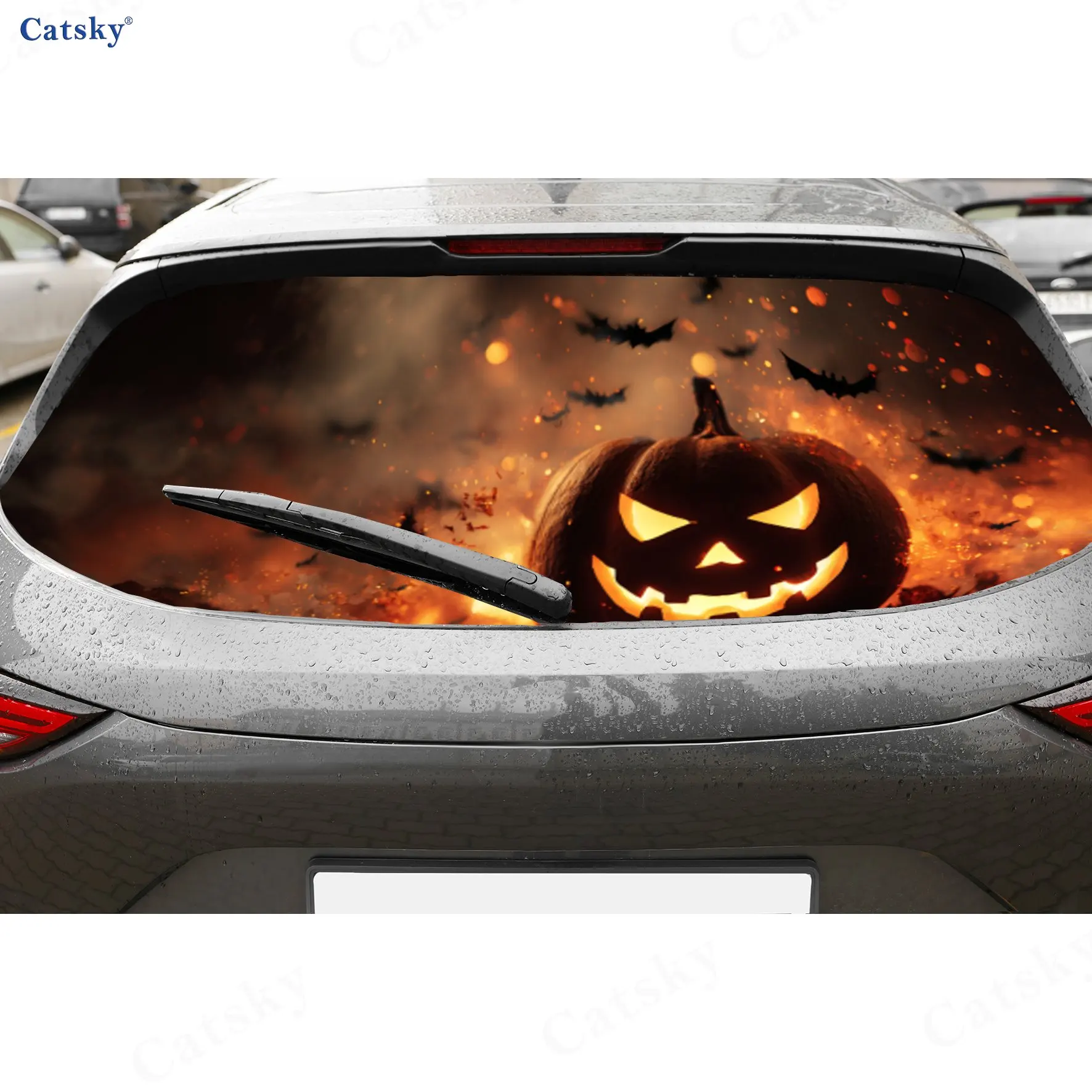 

Halloween Pumpkin Bat Exploration PVC Perforated Car Vinyl Wraps, Durable Car Rear Windshield Sticker, Waterproof Car Rear Windo