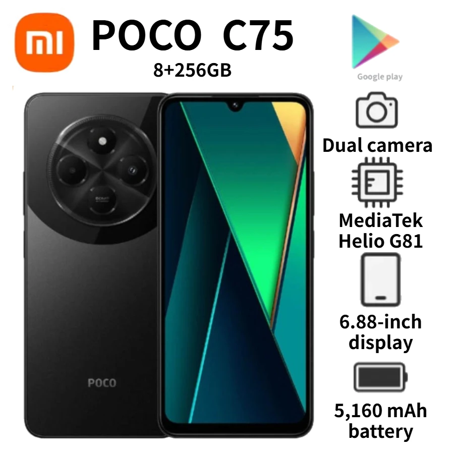POCO C75: 6.88-inch display with a 120Hz refresh rate, 50MP AI dual camera, 5160mAh battery, 18W fast charging, 8GB RAM + 256GB