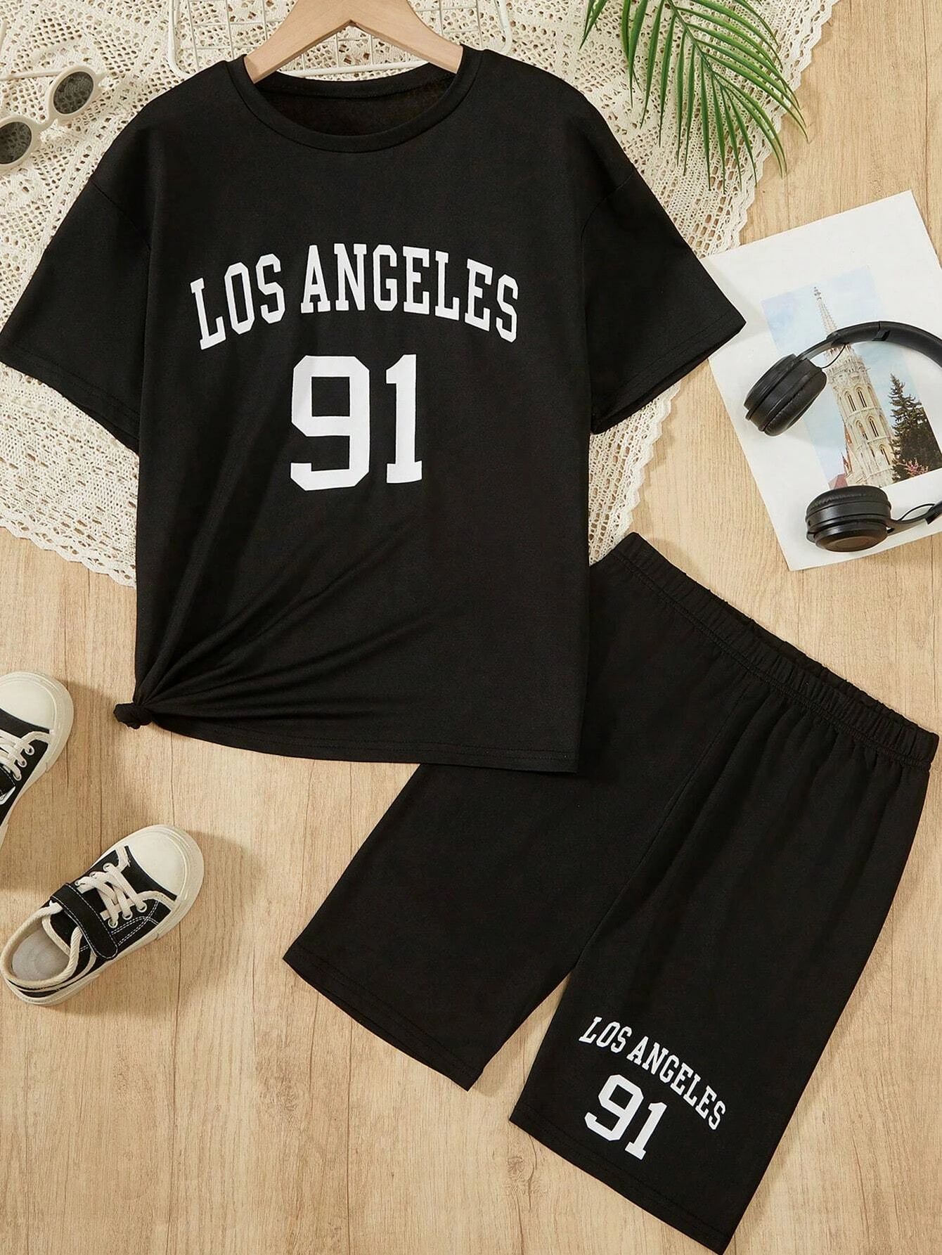 Los angeles 91 Brief druck Frauen T-Shirts zweiteiliges Set lässige Mode kurze Sets weibliche bequeme lose Hemd Shorts