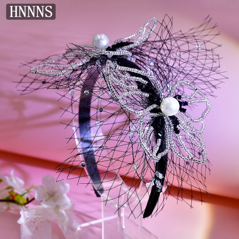 

HNNNS Hyperbole Halloween Hair Accessories Crystal Beaded Butterfly Headband Black Mesh Headpiece Holiday Gifts For Women A183