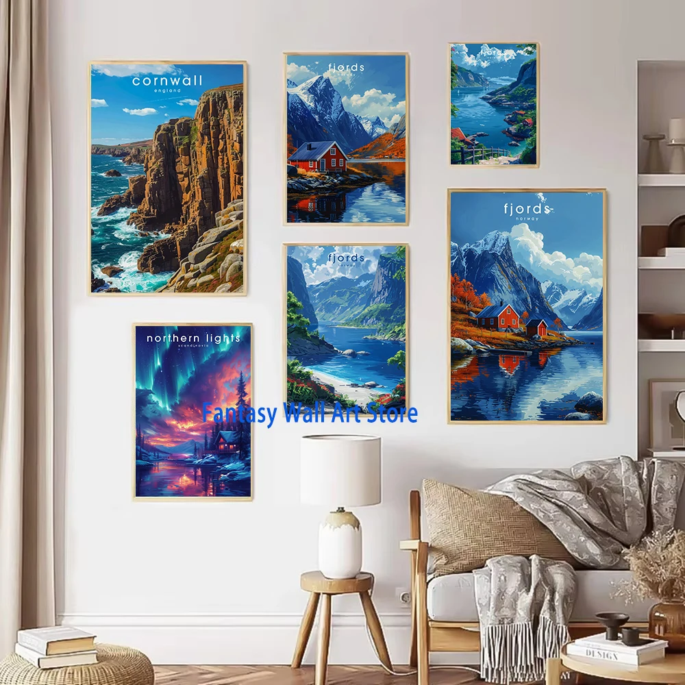 Europe Travel Poster European Natural Landscape Poster Canvas Painting Fjords Northern Lights Cornwall Traveling Wall Decoration