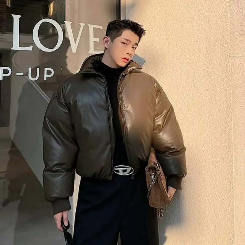 

SYUHGFA зимнее мужское хлопковое стеганое пальто с манжетами в рубчик на молнии, свободное новое модное мужское однотонное пальто 2024, тренд в корейском стиле