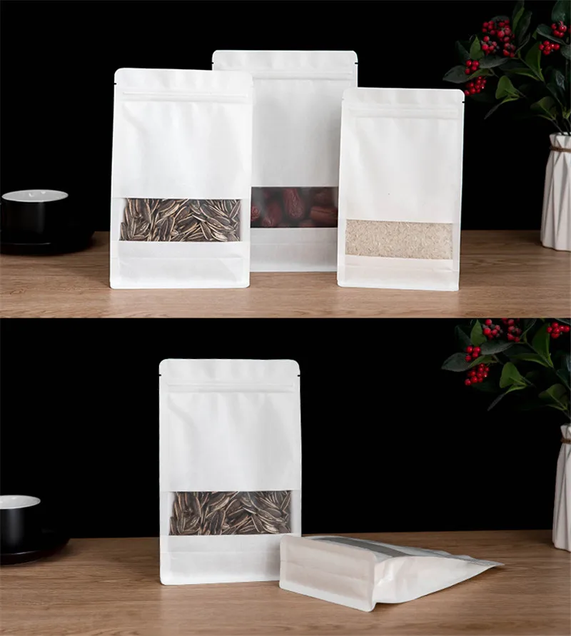 50pcs 10x20cm Window White Kraft Paper Waterproof Oilproof Stand Up Food Packaging Coffee Tea Dry Fruit Nut Bags