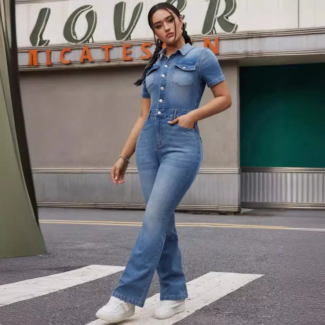 Denim Jumpsuits for Women Streetwear One Piece Jeans Straight Pants Turn Down Collar Single Breasted Trousers 2025 Overalls