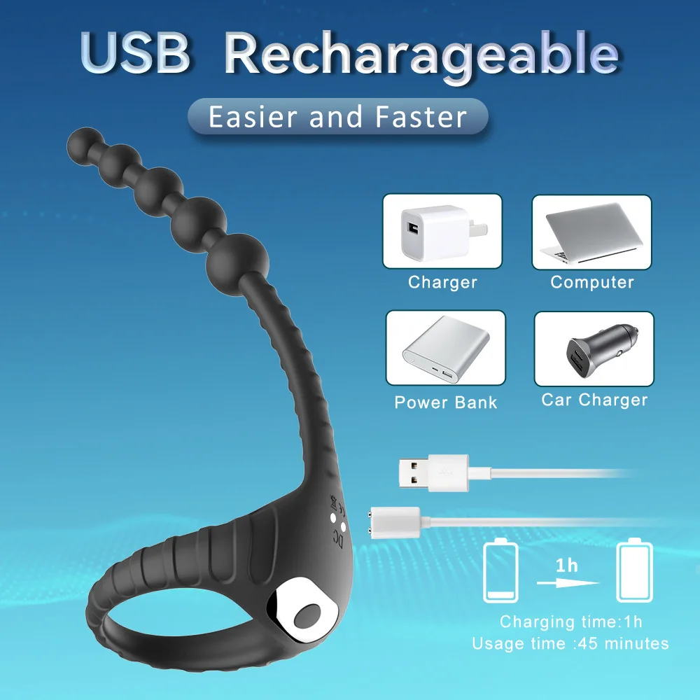 Nuevo anillo para pene, anillo retardante de eyaculación con cuentas anales y enchufe, vibrador Unisex, juguete sexual para adultos para parejas, accesorios sexuales 18+