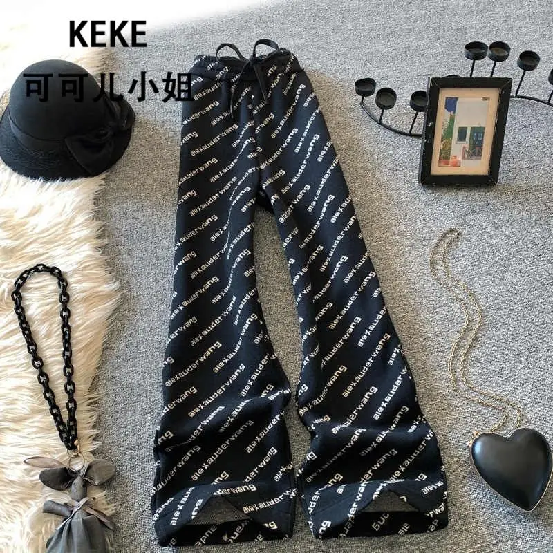 

Autumn Winter Fleece Thick Wide Leg Women Fashion Letter Printing Straight Trend Office Lady All-match High Waist Casual Pants