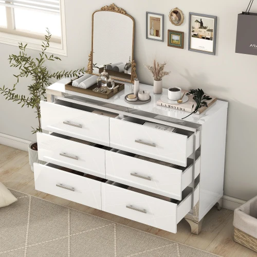 

#Elegant High Gloss Dresser With Metal Handle,Mirrored Storage Cabinet With 6 Drawers For Bedroom,Living Room,White