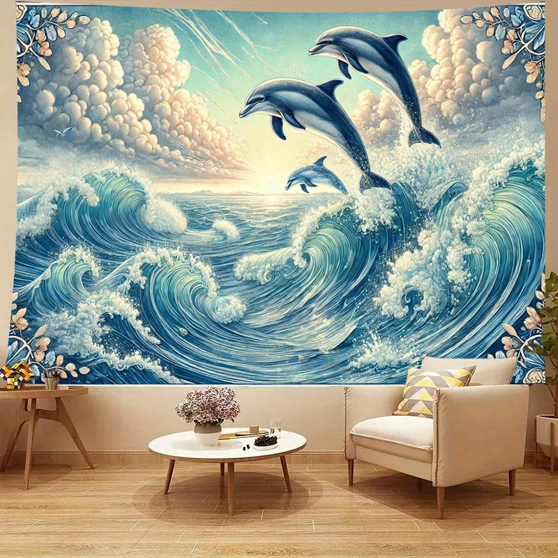 قطعة واحدة من نسيج موجة دولفين المحيط، قماش بوليستر، قابل للغسل في الغسالة، مناسب لتزيين غرفة النوم وغرفة المعيشة