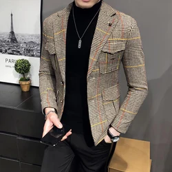 2023 Frühling Männer Plaid Blazer Britisch gedruckt Hochzeit Business Casual Blazer Anzug Jacke männliche formale Blazer plus Größe S-3XL