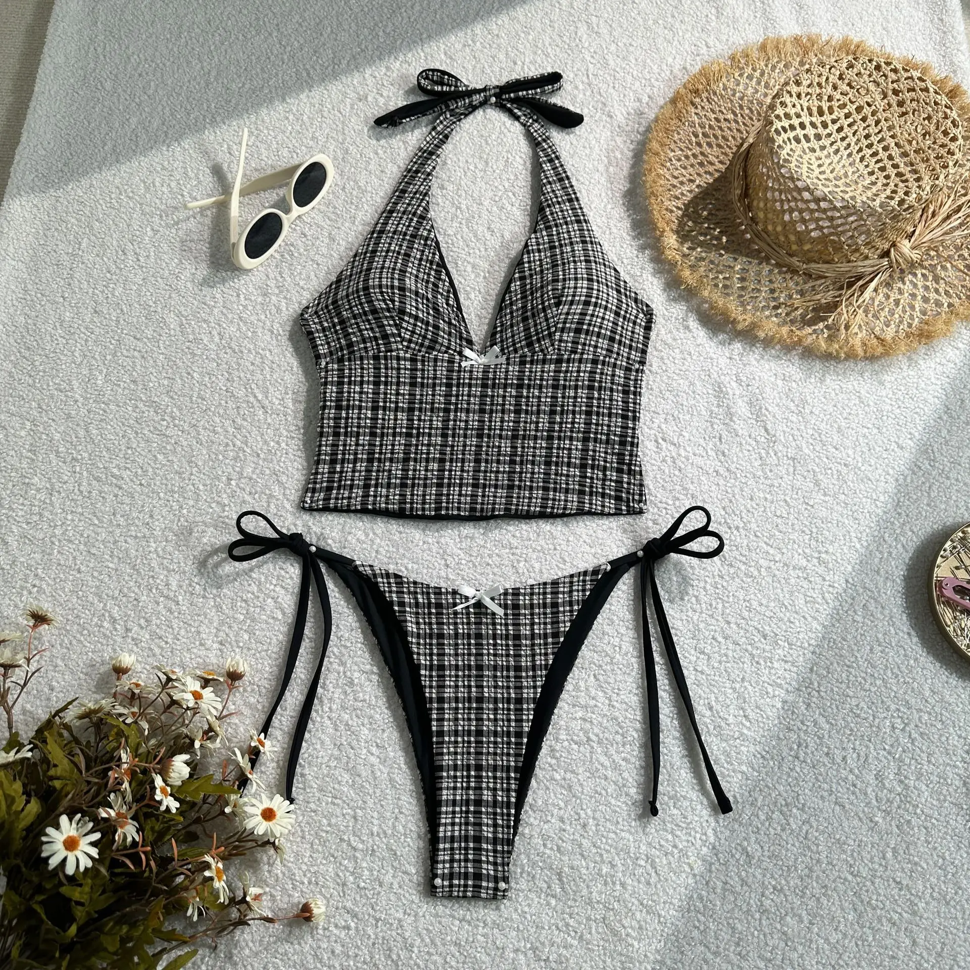 

Сексуальные черные бикини в клетку с бантом, комплекты из двух предметов, купальники с завязками на спине, пляжная одежда, купальный костюм, бикини, танкини