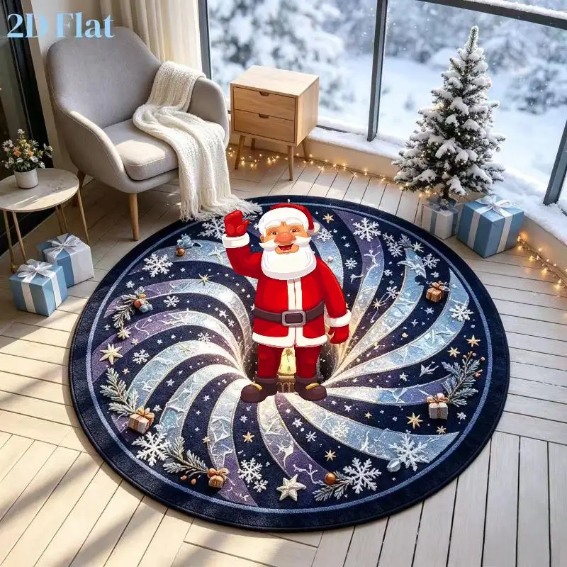 Circular Floor Mat 2D Flat 3D Illusion Santa Claus Carpet Flannel Soft Warm Starry Night Vortex Living Room Floor Pad