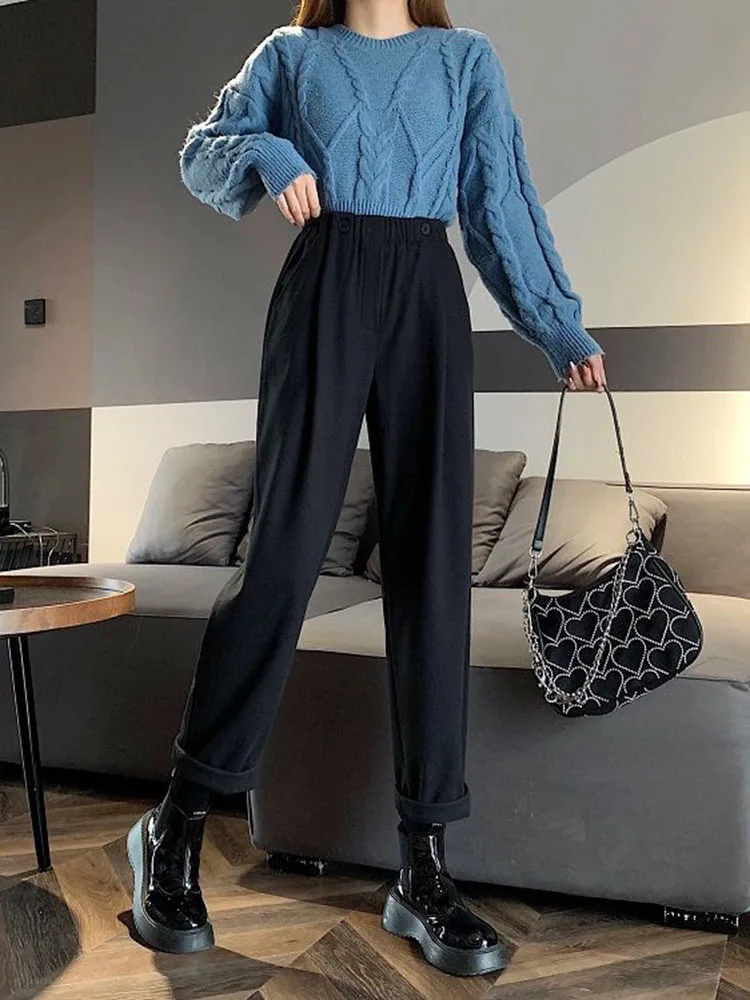 مكتب سميكة الصوفية سراويلي حريمي فضفاض المرأة عادية عالية الخصر مستقيم الكاحل طول بنطلونات فضفاضة موضة بنطلون