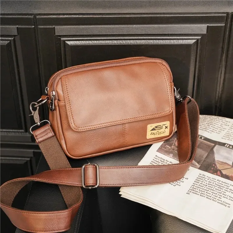 Vinatge Men's Crossbody Bag Soft PU Leather Shoulder Bag For Men Fashion Square Crossbody Messenger Bag Flap Zipper Satchels