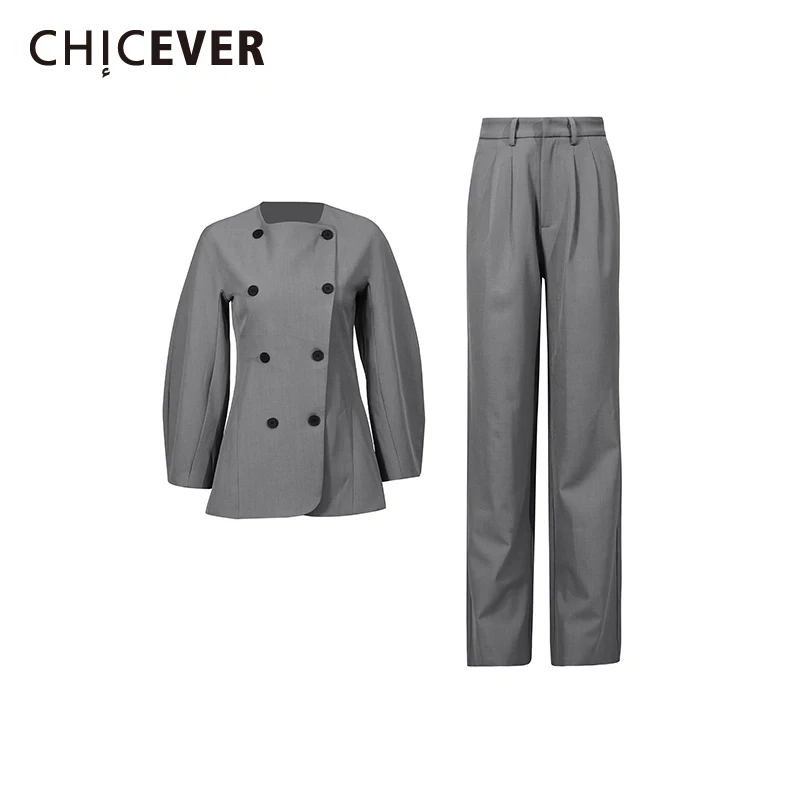 

CHICEVER Gray Spliced Buttons Two Piece Set Female O Neck Long Sleeve Jacket Commute Women's Trousers Sets Autumn Fashion New