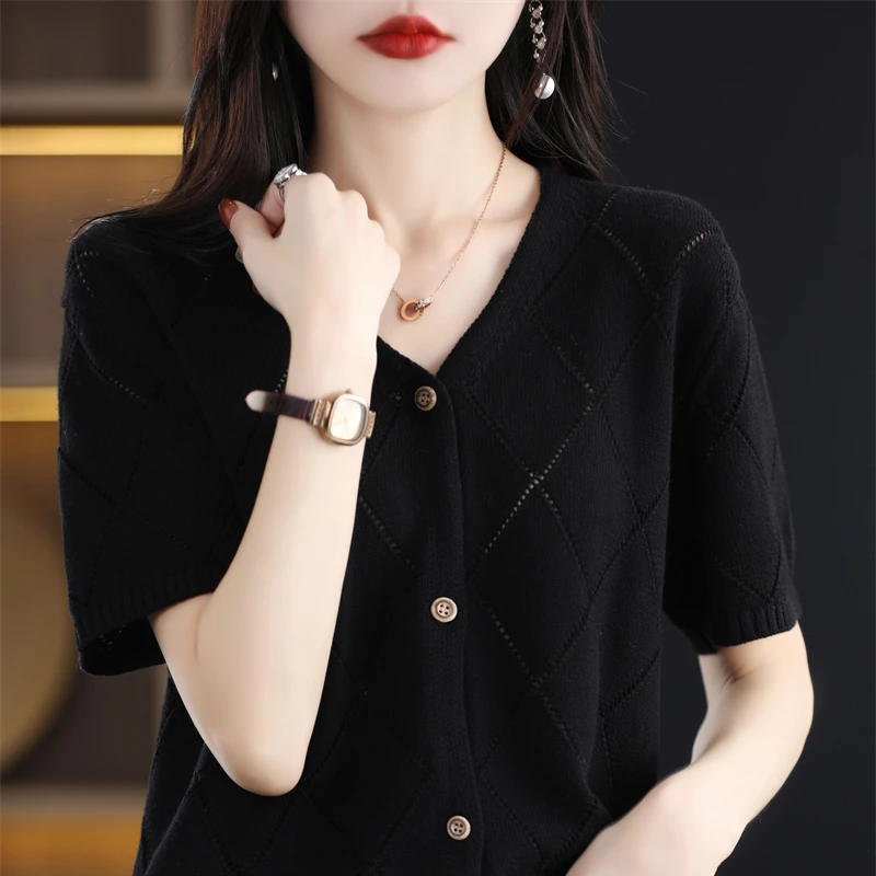 Women\'s T-shirt Spring/Summer 100% Cotton Sweater Short Sleeve Solid Color V-Neck Ladies Tops Loose Blouse Hollow Cardigan Tees