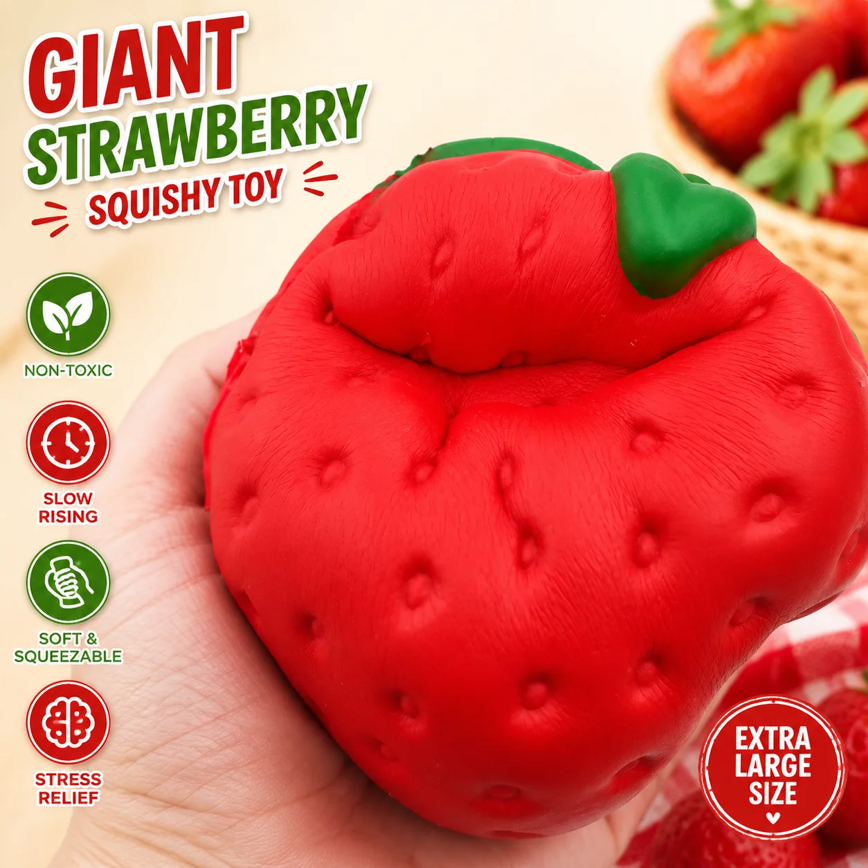 Jouet Squishy Géant Fraise, Taille Extra Large, à Remontée Lente, Jouet Anti-Stress Fruité, Balle Sensorielle à Presser, Cadeau ASMR