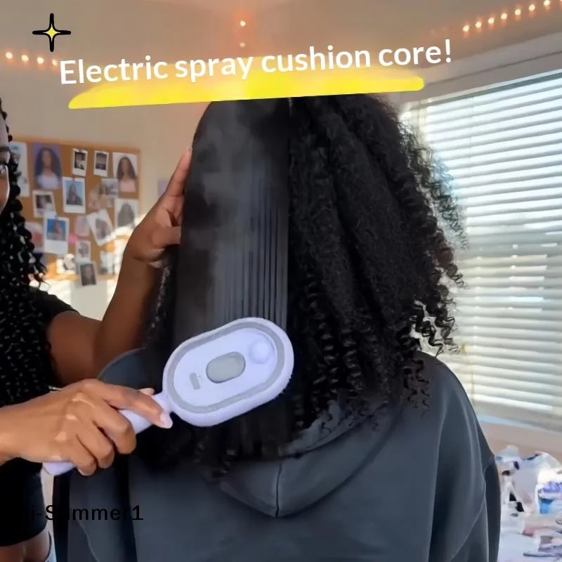 【E】Electric Spray Hair Brush 2-In-1 Misting Hair Brush With Water Spray Reduce Frizz Anti-Static Retractable Steam Massage Comb