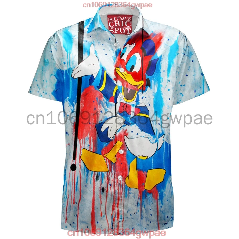 Donald Duck Hawaiian Shirt Men\'s Women\'s Short Sleeve Button Down Shirt Disney Graffiti Lapel Shirt Casual Retro Beach Shirt