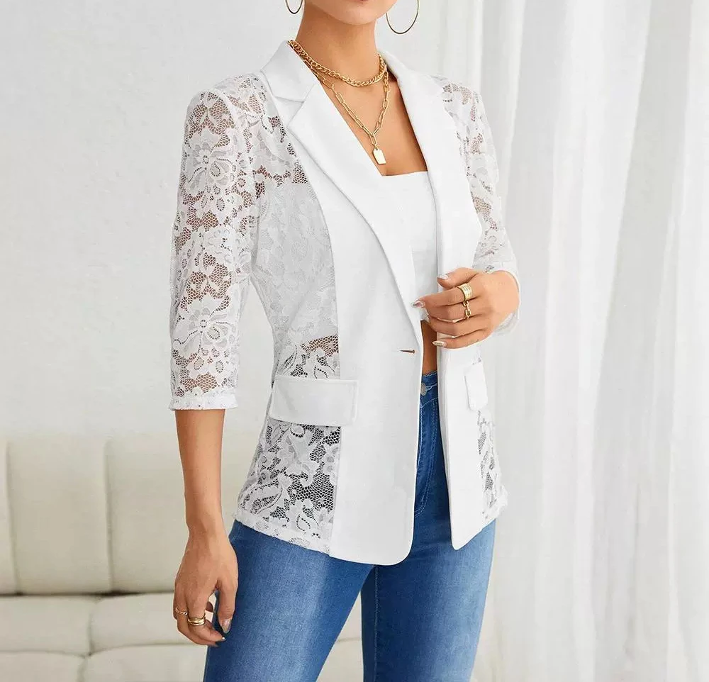 Elegant Suit Jacket for Woman New Fashion 2024 Summer Autumn Spring Casual Lace Patch Single Breasted Flap Detail Blazer Coat