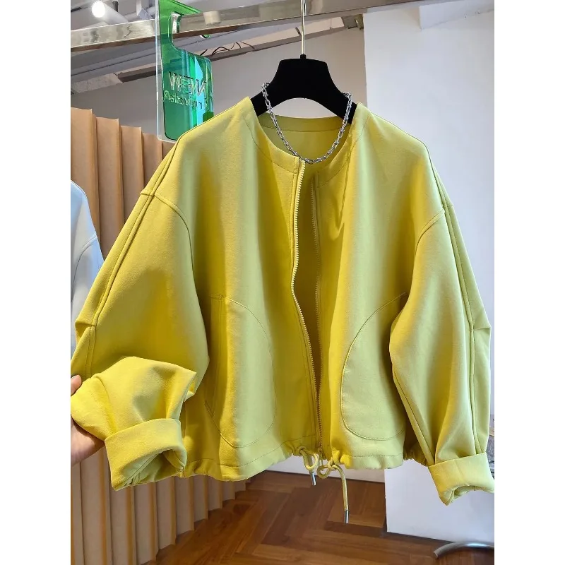 ファッショナブルな黄色のラウンドネックジャケット女性の秋 2025 新しいルーズカジュアル薄いジッパーセーターカーディガントップ