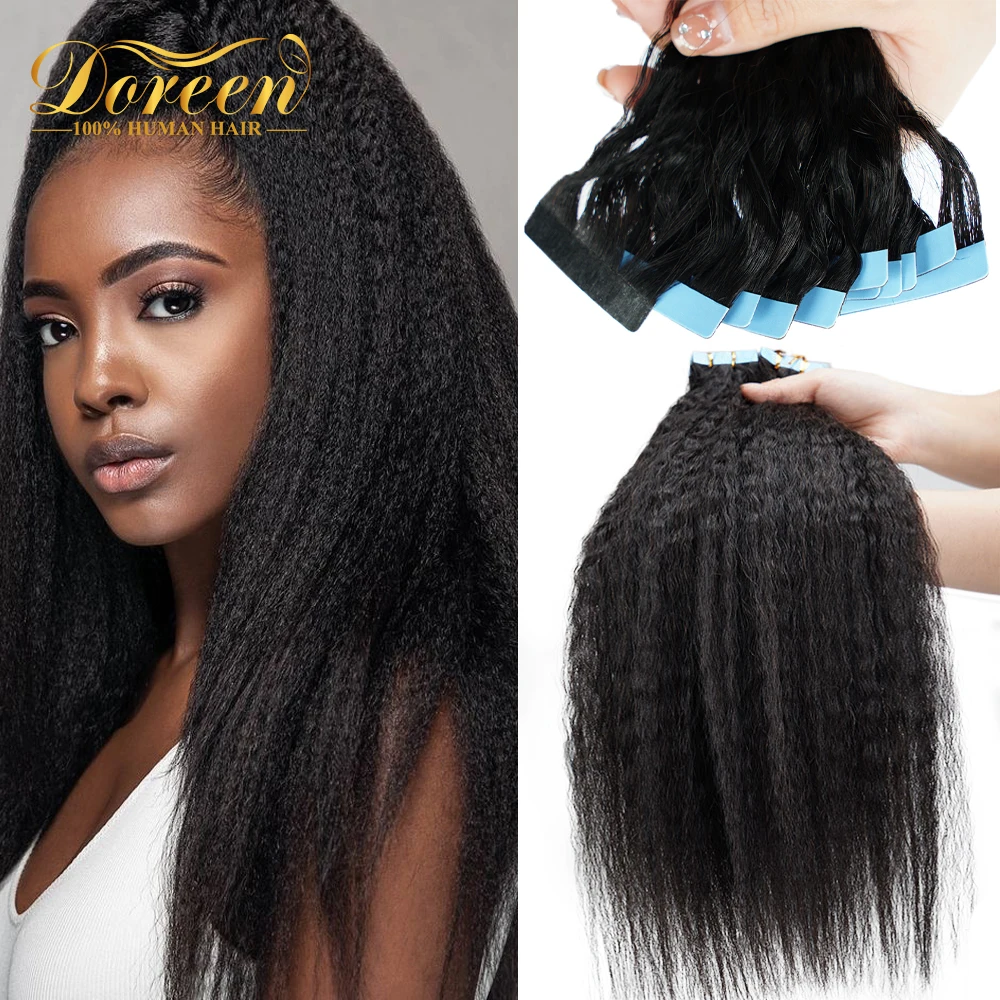 

Doreen 14-24 inch Kinky Straight Tape in Human Hair Extention 100% Remy Hair Invisible Tape ins Natural Black Brazilian Hair 50G