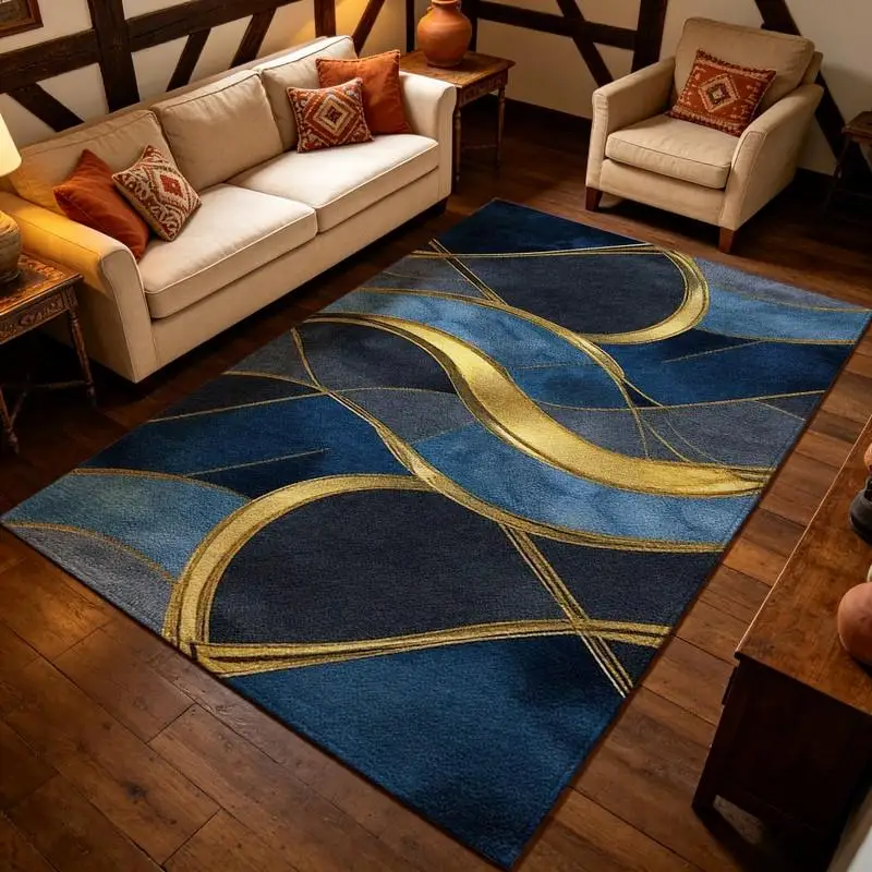 Luxury Navy Blue Gold Line Abstract Carpet Flooring, Modern Art Area Rug for Home Decoration