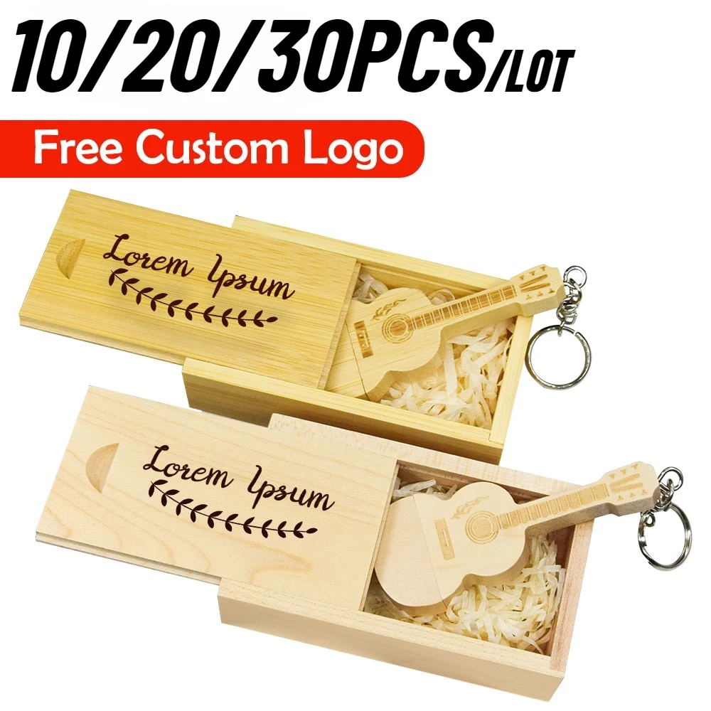 

Free Logo 10/20/30pcs Wooden Guitar USB Flash Drives 128GB Pen Drive 64GB Box Memory Stick Music Creative Gift 32GB U disk 8GB