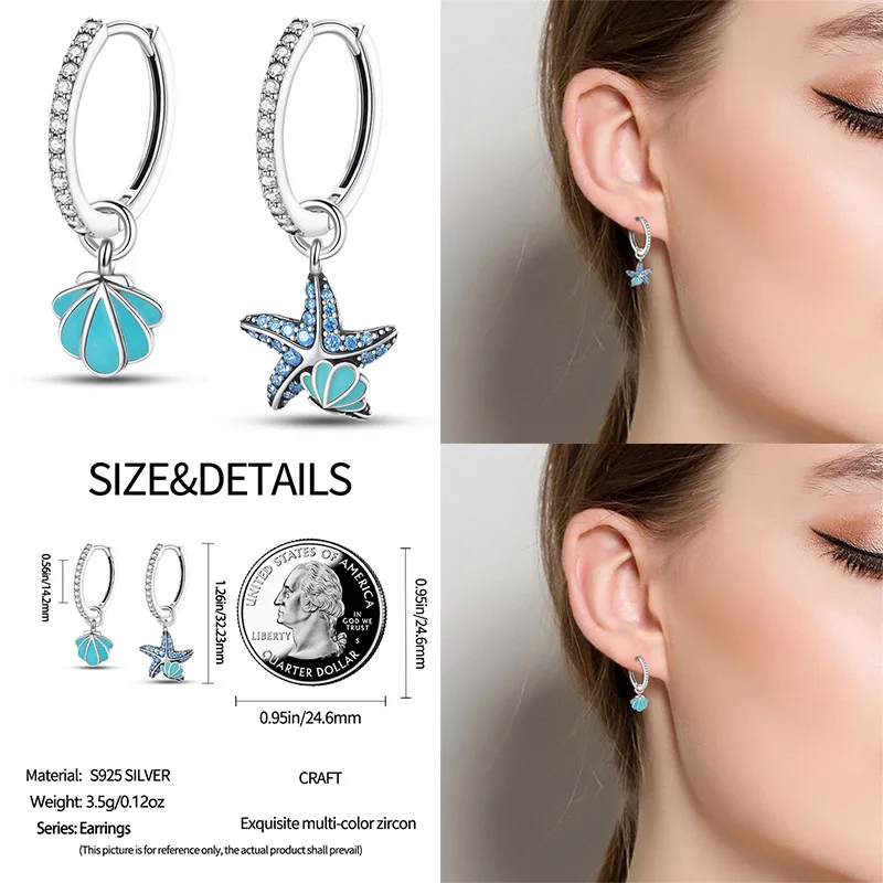 Luminous SHELL ต่างหูผู้หญิง Original 925 เงินสเตอร์ลิง Pave CZ Star Moon Hoop ต่างหูเครื่องประดับงานแต่งงาน